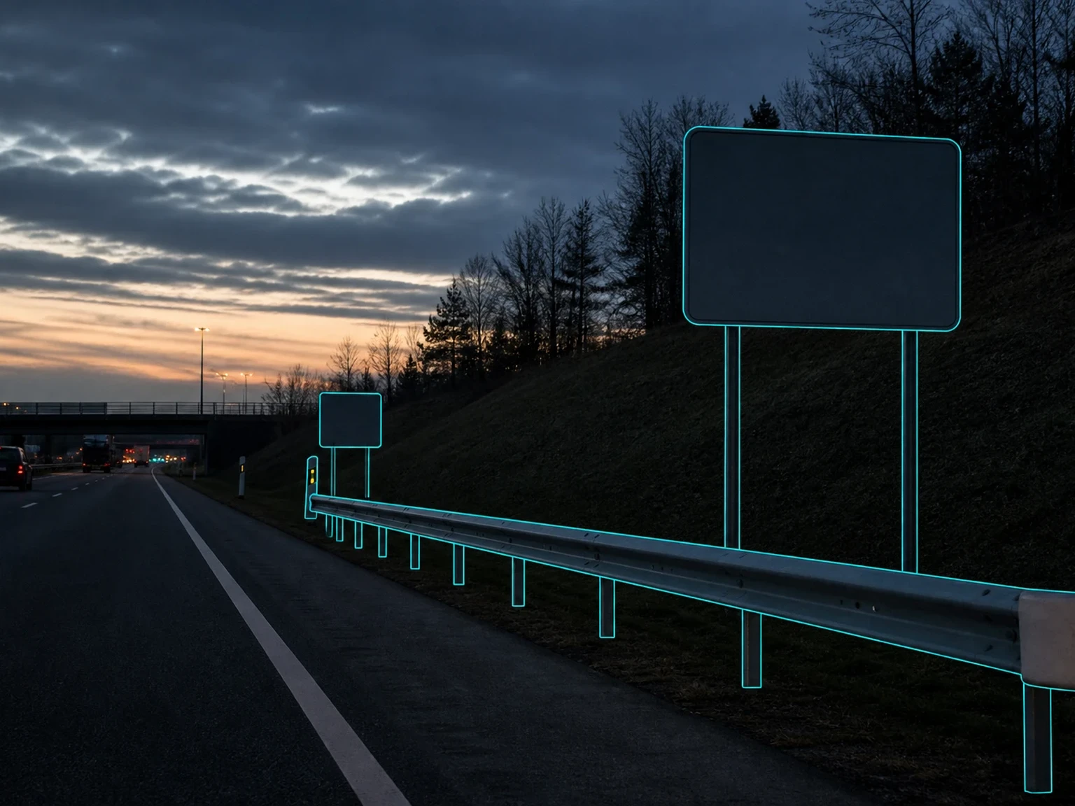 Roadside signs, barrier, and markings with cyan inventory cues