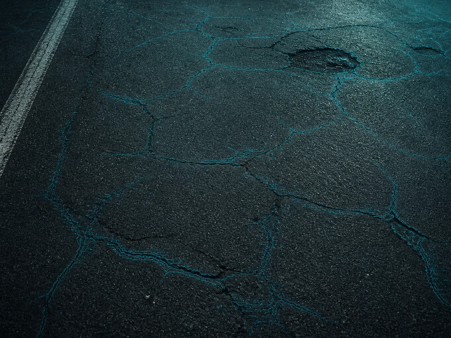 Asphalt cracks highlighted with subtle cyan detection overlays