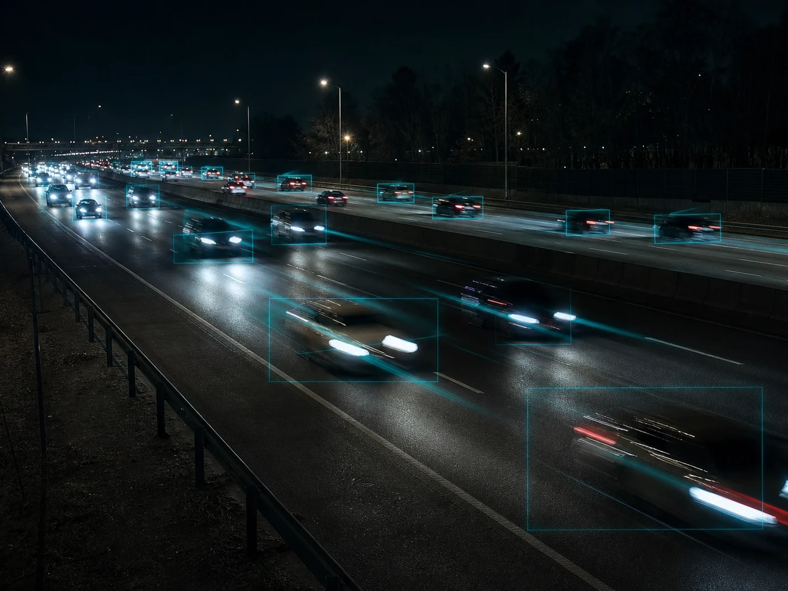 Night highway traffic with subtle cyan vehicle tracking overlays